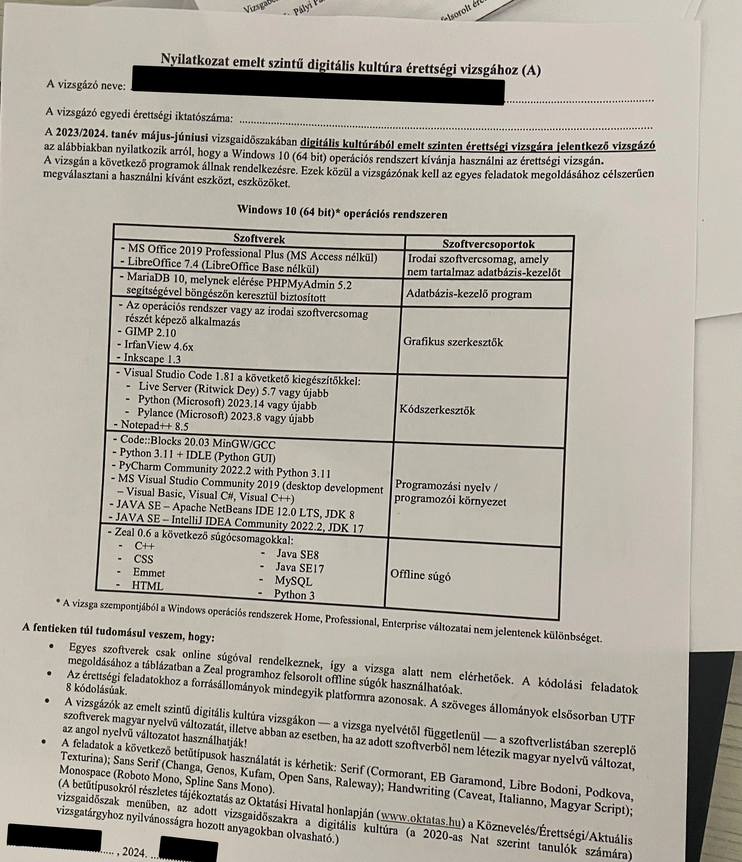 Digitális kultúra érettségi szoftverlista nyilatkozat minta, kitöltési útmutató